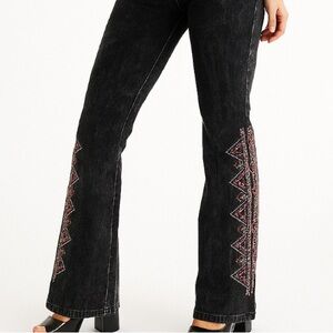 Heather Black BLING Flare Legging Yoga Pants with Pink Bejeweled Embroidery S/M